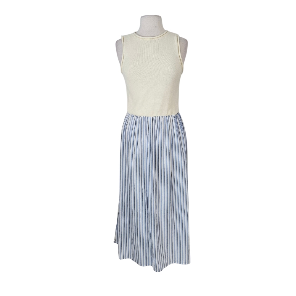Things Between Mixed Media Sweater & Blue Striped Cotton Sleeveless Maxi Dress